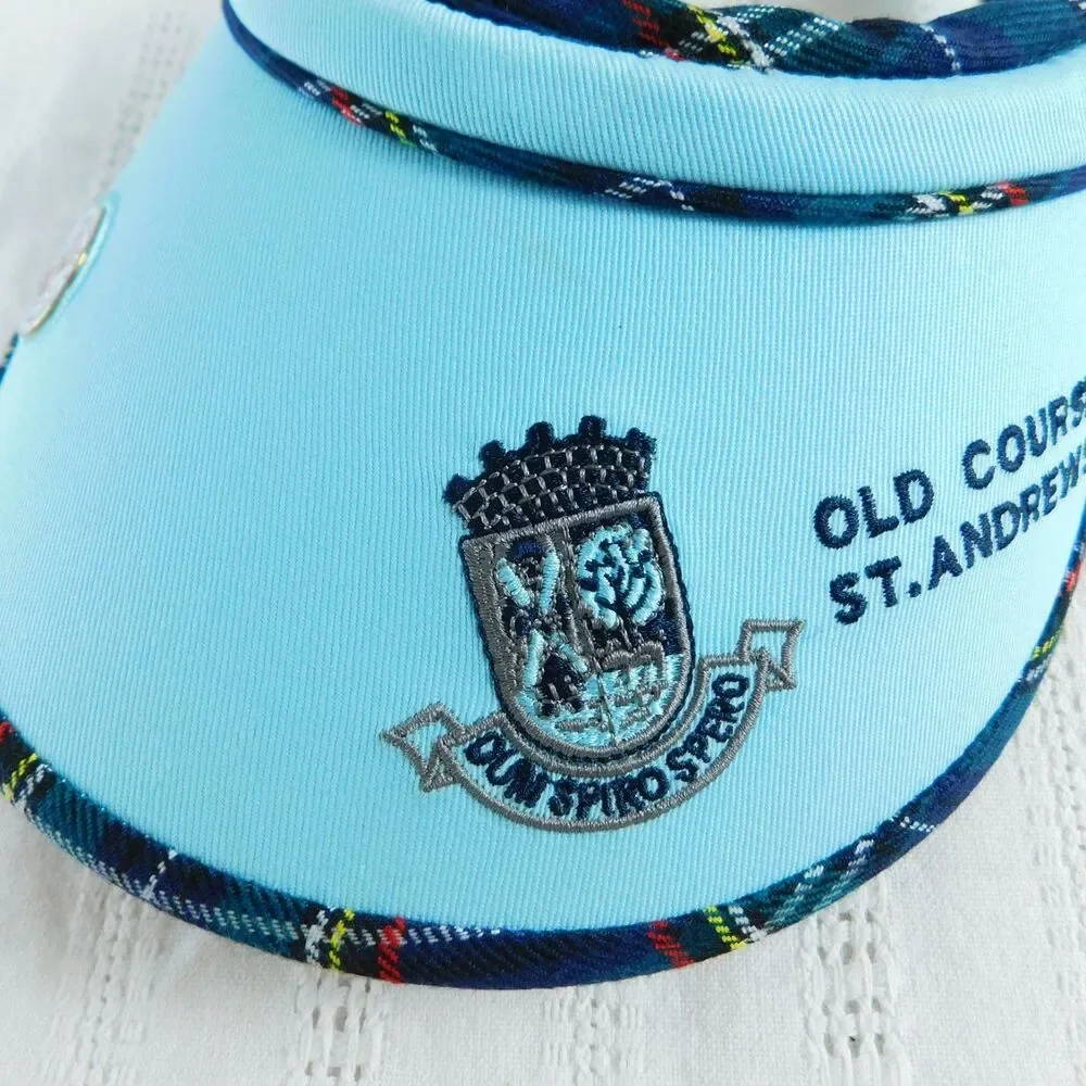 Old Course St Andrews Plaid Blue Golf Visor with Medallion Cotton Vintage NEW